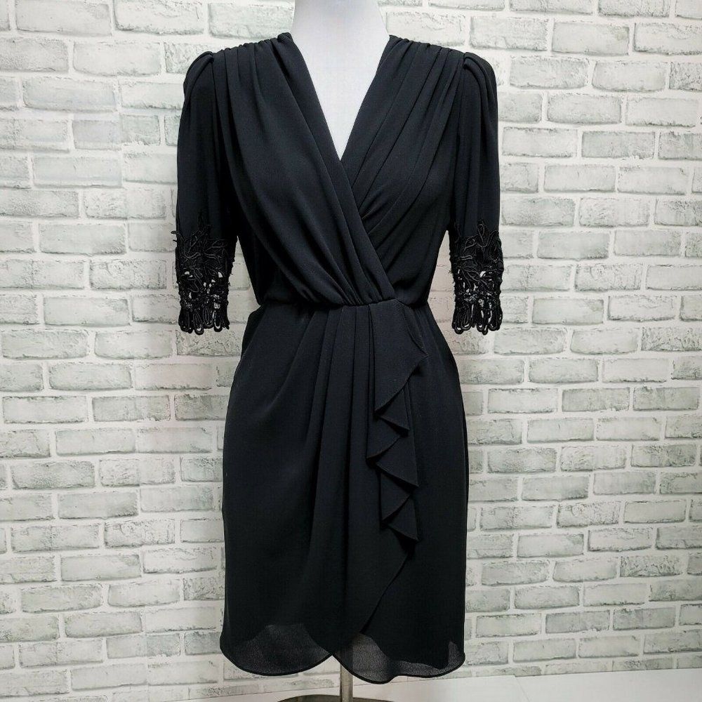 Vintage 80s 90s Ursula of Switzerland Black Surplice Faux Wrap Sheath Dress‎